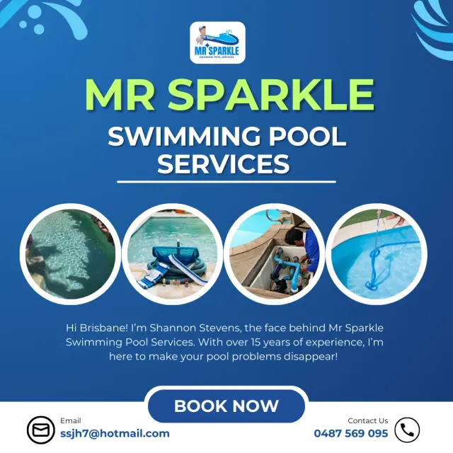 Mr Sparkle promotional graphic showing pool cleaning and maintenance services